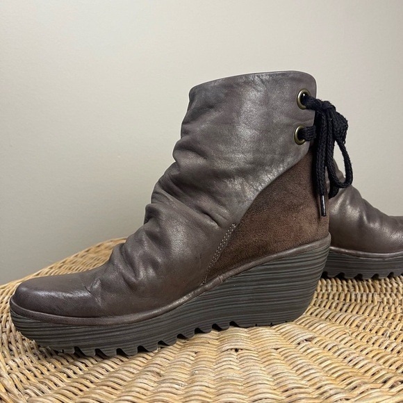 Fly London Yama Brown Suede & Leather Wedge Ankle Boots - Picture 3 of 12